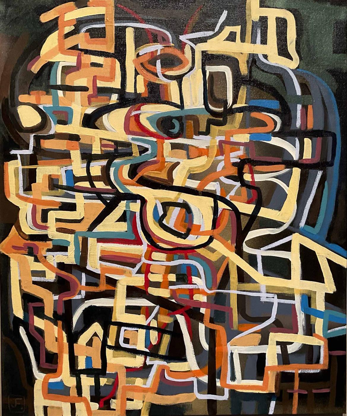 There is a tangle of lines of various colors that come together closer to the left side of the canvas. The angles and marks are abstract and criss cross on a black background.