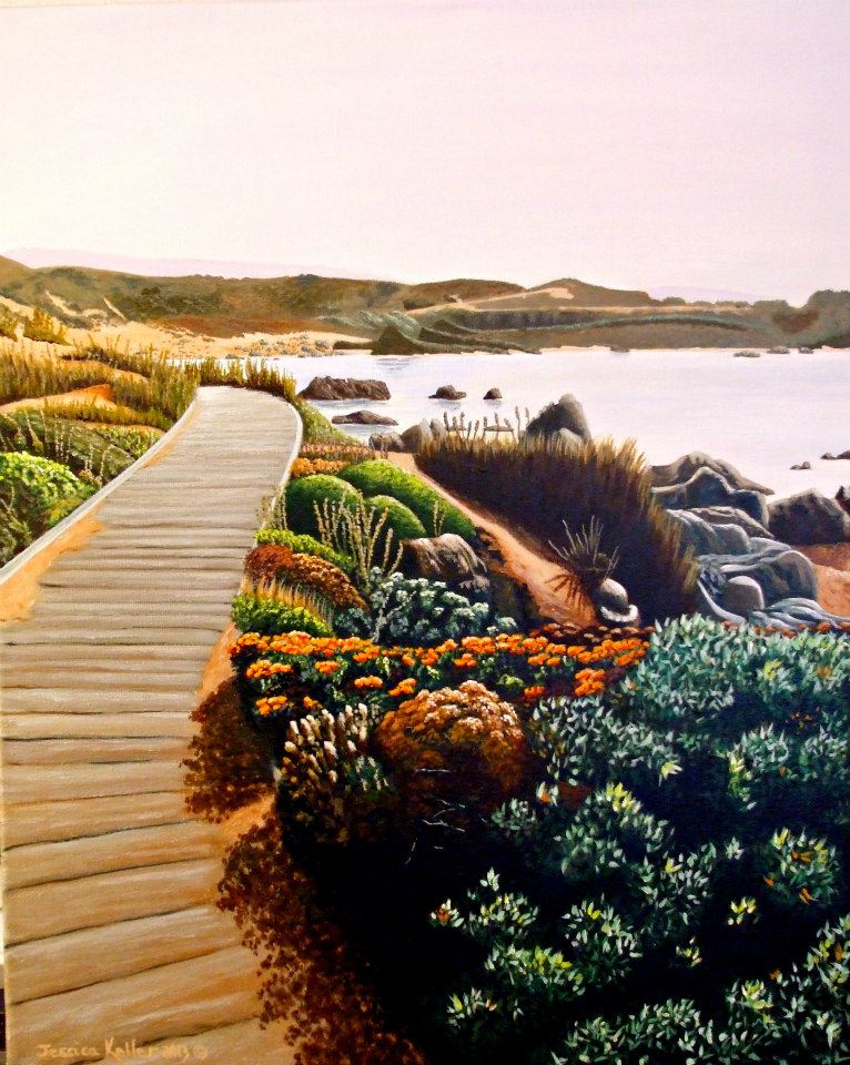 his is a 16”x20” acrylic painting. View is as you are walking down a wooden boardwalk toward the calm light blue water of the bay in Monterey. The boardwalk is surrounded on both sides with sundrenched ice plant and other coastal plant life. In the far distance is a view of the coastal mountains.
