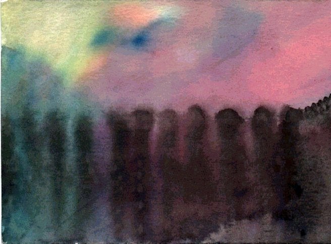 This is a loose watercolor painting, about 6”x9” on paper depicting impressions of human forms in a line moving into the distance and eventually upwards. The colors are pinks, blues, white and the human forms are painted in black.