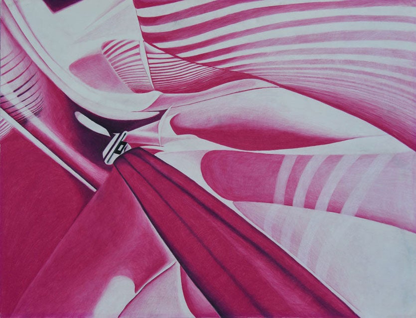 This bright pink drawing depicts an upside down seatbelt seen as if lying in the backseat of a car, drawn like a film negative where dark is light and light is dark. All linear diagonal shadows on the window are blended smooth in contrasting value stripes of shocking magenta for an intense feminine feel.
