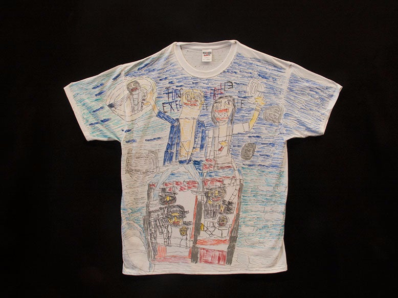 A short sleeve t-shirt with Pablo’s drawing of Bill and Ted on it