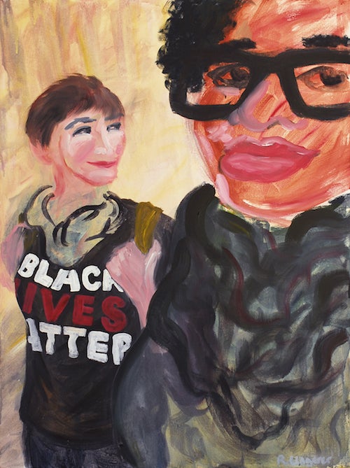 Acrylic painted on stretched canvas 40" x 30".  A young black woman with glasses and natural hair looks at the audience with a soft smile on her lips. Behind her stands a white figure wearing a "Black Lives Matter" t-shirt.