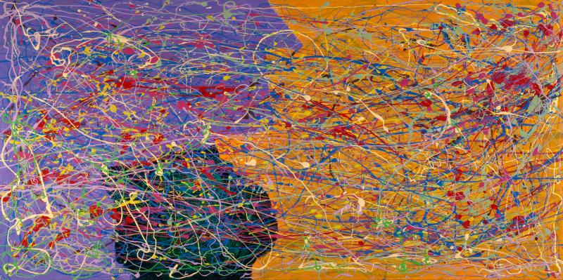 Abstract Expressionist acrylic painting on board, positioned horizontally. Left side is light purple, right side is orange with light green, cream, medium yellow, red, dark pink, lilac, and medium blue drip patters across the board.