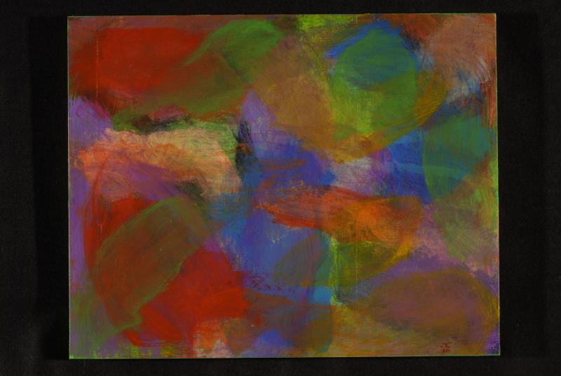 Abstract Expressionist acrylic painting on board, positioned horizontally. Pops of red, green, orange, yellow, blue and lilac appear randomly and on top of each other. 