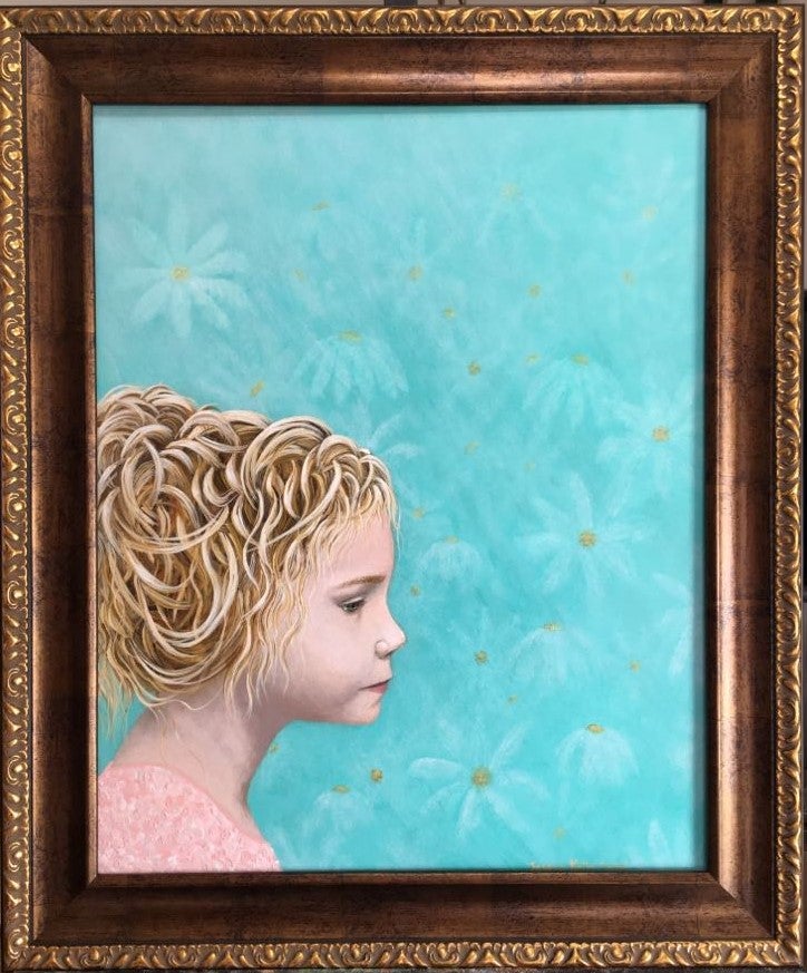 This is a 16”x20” acrylic painting. The background is aqua in color with impressions of white daisies throughout. The left quarter of the painting is a side portrait of a girl from the shoulder up. The has a blue eye and blonde, loose curly hair pulled up on her head in a loose style. She is slightly looking down.