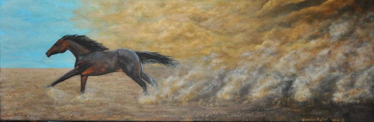 Painting of a reddish-brown horse with a black mane and black tail running toward the left of the painting. The horse is running on dirt as the dirt and dust kick up behind it. Coming from the right is a dust storm which has almost caught up with the horse. On the far left is a bit of blue sky showing.