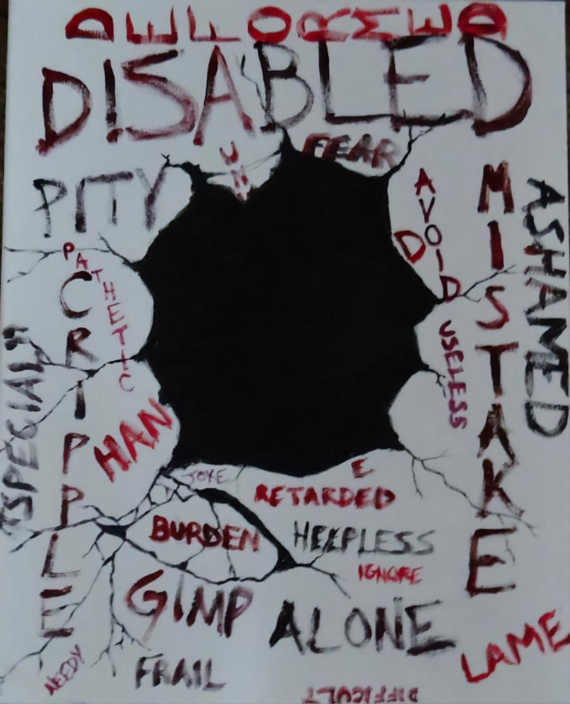You see a gaping black hole in the center of the canvas as if the wall is being punched and broken. The many labels associated with disabilities are written in black and red of various sizes, some written upside down, sideways and across the canvas. The shattered wall of text crumbles in various spots around the hole.