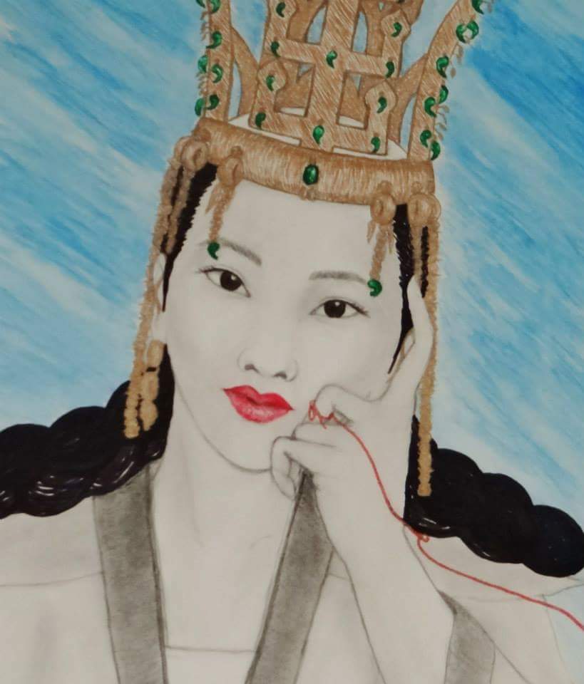 You see a lovely Korean woman's face staring back at you against a sky blue background. Her head tilts to the right as she rests her temple on her pointer finger. Her dark brown eyes gaze at you with a sense of curiosity and wisdom as a gentle smile curves slightly on her pink lips. She wears a golden crown in the style of antlers from the Silla dynasty. Green jade beads dangle from the crown upon her noble brow. A Silla style golden earring adorns her ear as it dangles down to her jaw.