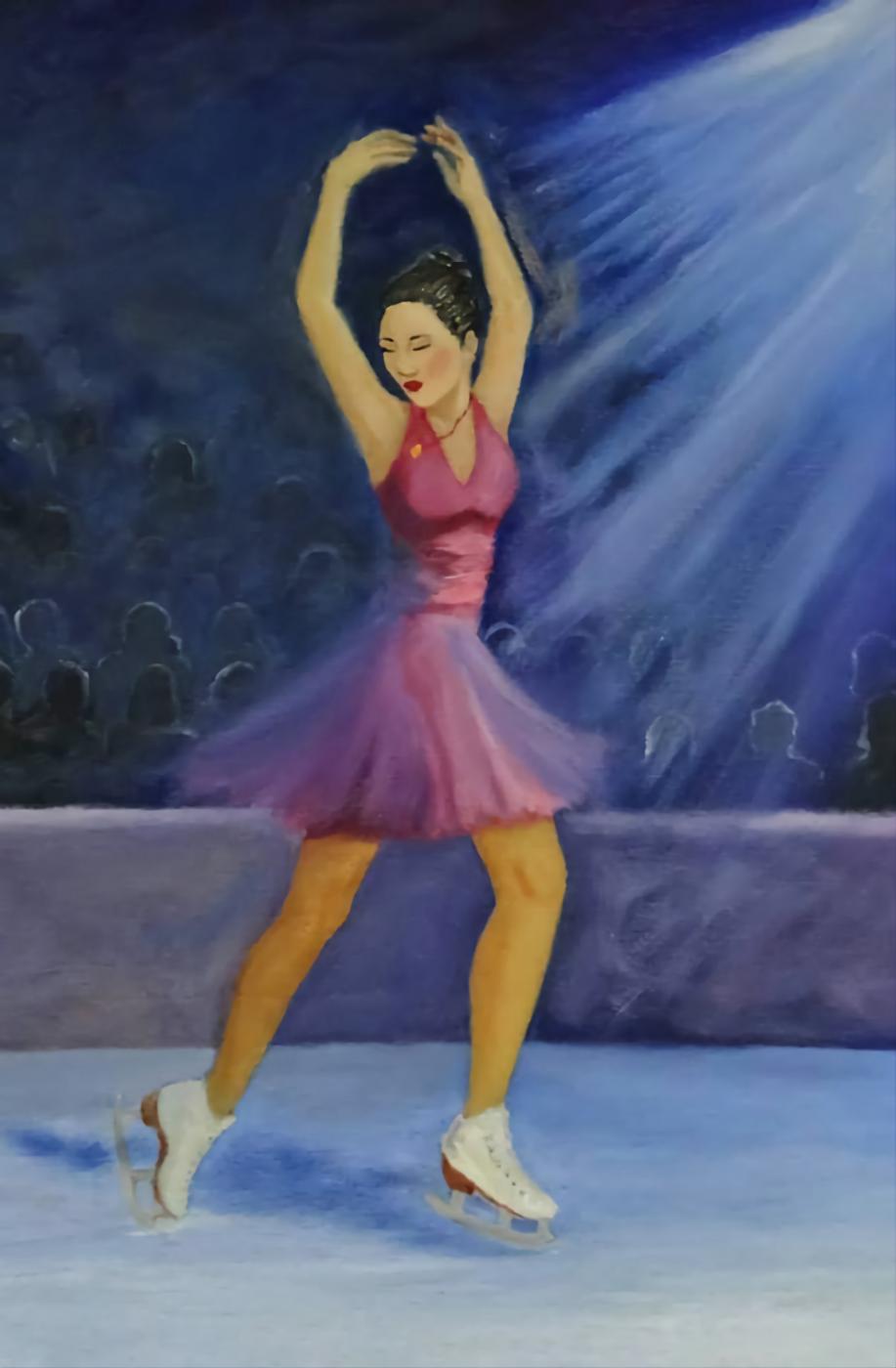 You see an Asian figure skater in the center of the canvas in the spotlight with her arms above her in a graceful pose in front of the audience; their features remain anonymous while she is front and center with vivid colors and features. Her eyes close as she comes to the end of her program. Her gold pendant on a red string sways to the left as she comes to a stop. The hem of her magenta halter dress skirt flows gracefully as her silver toe picks dig into the crisp white ice as she poses. 