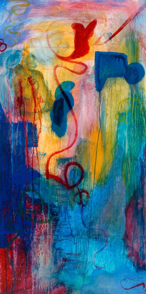 Abstract Expressionist acrylic painting on board, positioned vertically. Abstract shapes of medium blue contrast with softer shades of the blue yellow and pink background. Large red swirl appears at the center.