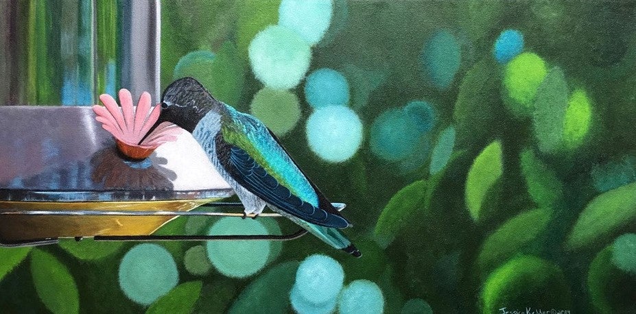 An acrylic painting of a teal and blue colored hummingbird enjoying sugar water from a metal feeder. The background is an impression of leaves and light.