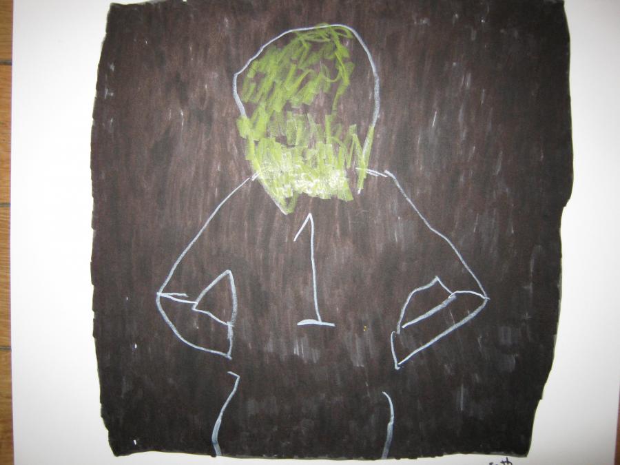 The outline of a woman, seen from behind, with the number 1, on her back, in a black square.  It is inspired by the line in a song, "If I only knew how it could  be done, you could get a ticket back to Square One."  