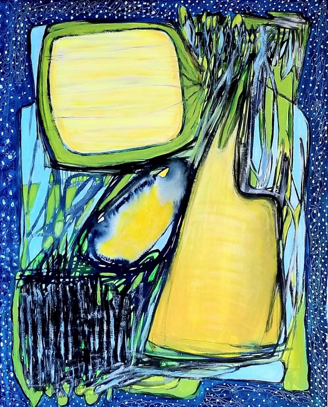 This painting is largely abstract. The upper left portion of this painting contains a yellow screened TV from the 1960’s. It is boxy, squarish in shape and framed in lime green. Below the TV shape on the left is a section of turquoise blue with an oblong yellow form of lined with navy blue which is seeping into the oblong shape. The lower left-hand side of the painting contains vigorous vertical strokes of paint in dark blue and black. The right-hand side of the painting contains a large acid yellow shape l