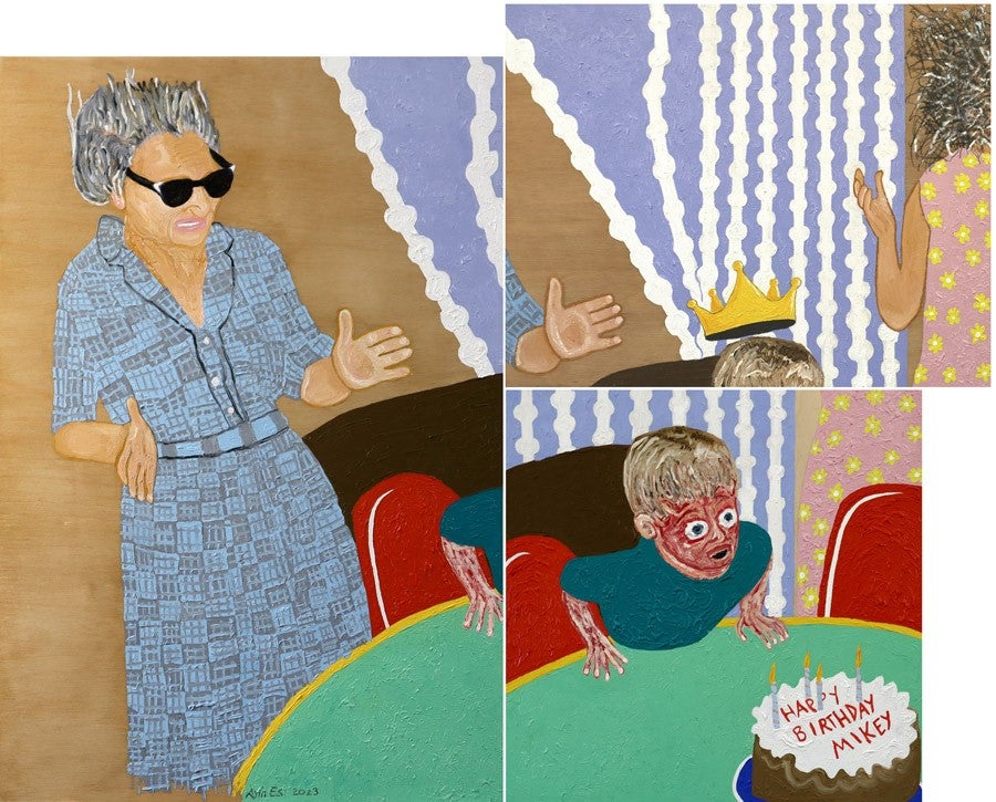 This painting is on three different-sized panels that are staggered to make one whole painting of a little boy’s birthday celebration. To the left is his grandmother in a blue checkered dress, clapping her hands. She is wearing dark sunglasses. Her hair is gray, and parts of it are floating straight up in mid-air. On the right is a little boy in front of a white birthday cake. On it, it says, “Happy Birthday Mikey.” To the right of him is another female adult in a pink dress. 