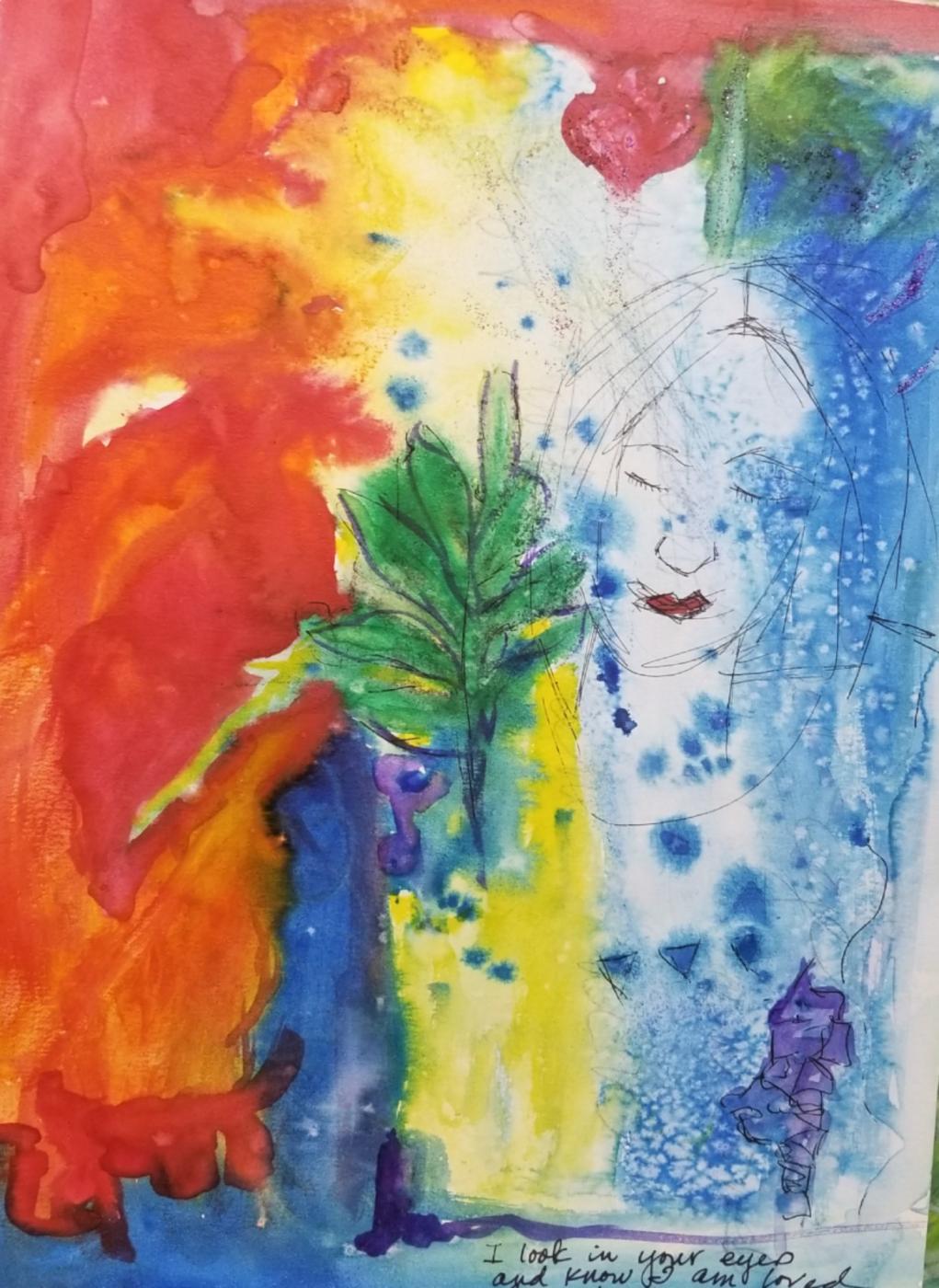 This piece is predominantly watercolor with areas of ink. The left area of the painting is red and orange melding together, the center yellow and the right side blue. There is a ti leaf plant in the center of the painting which offers protection. There is a female face off with downcast eyes to the right of center drawn in ink and at the bottom of the page the words are written in ink. “I look in her eyes and I know I am loved”.