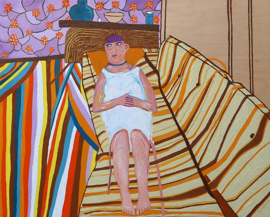 This painting is of a woman lying on a couch in her nightgown. It is painted very thick in a whimsical, abstract style. There are thick colored stripes to the left of the couch that lead up into purple wallpaper with yellow flowers above her head and across the rest of the work. Some of the birch wood is exposed on the right side of the painting. The woman’s hair is brown and yellow and extends horizontally from her head. The colors and furnishings of this painting have a 1970s motif. 