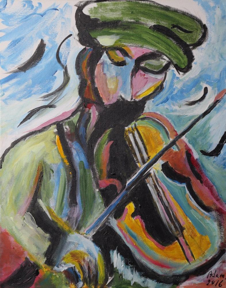 Many brushstrokes of color come together to form an abstract shape of a man playing a colorful violin