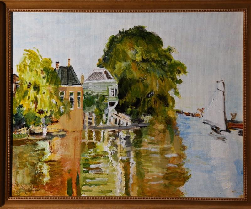 Painting of a yellow and orange house on the left; a tree in the center; and then a river on the right.