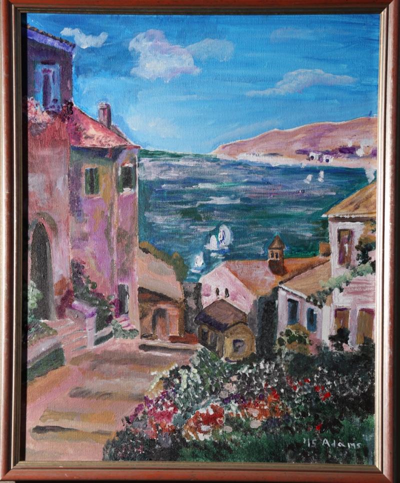 Painting of a small alley looking over an ocean and white homes in Italy. 