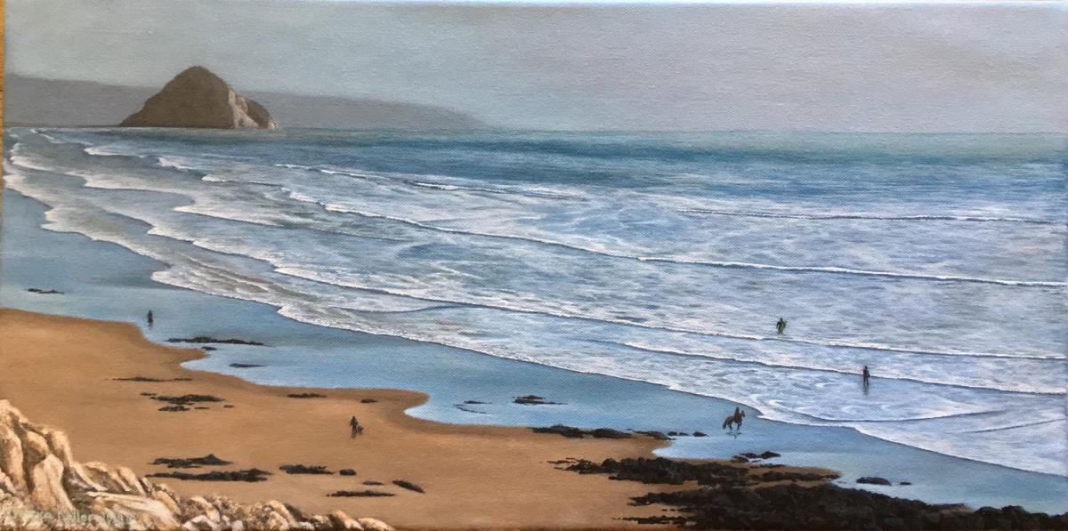 This is an acrylic painting on a 12”x24” stretched canvas. The viewer’s perspective is from a high lookout looking over a beach and the expansive incoming waves of the Pacific Ocean. In the distance the familiar shape of Morro Rock can be seen. Distant land can be seen beyond Morro Rock. The sky is clear blue but hazy.
