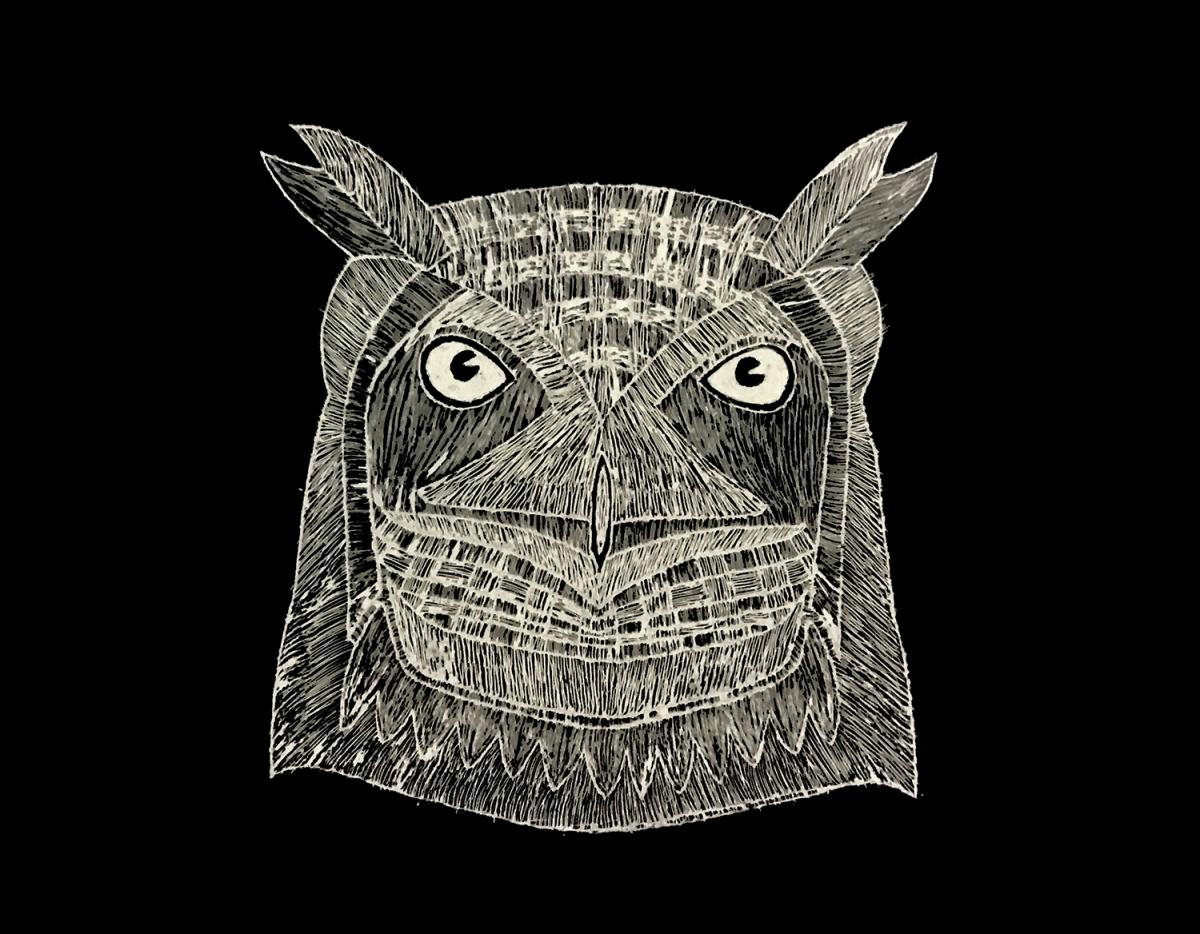 I made an image of the head of an owl on a 10 x 14inch scratchboard, a white clay paper with a layer of black India ink. Using a stylus pen I scratched away the ink to reveal the white underneath while designing the owl’s head. Depending on the pressure of the stylus you can get different shades of white and gray. For the owl’s eyes I left the pupil black and iris I took all the black away. Using various shades of white to black created a 3-D affect.   