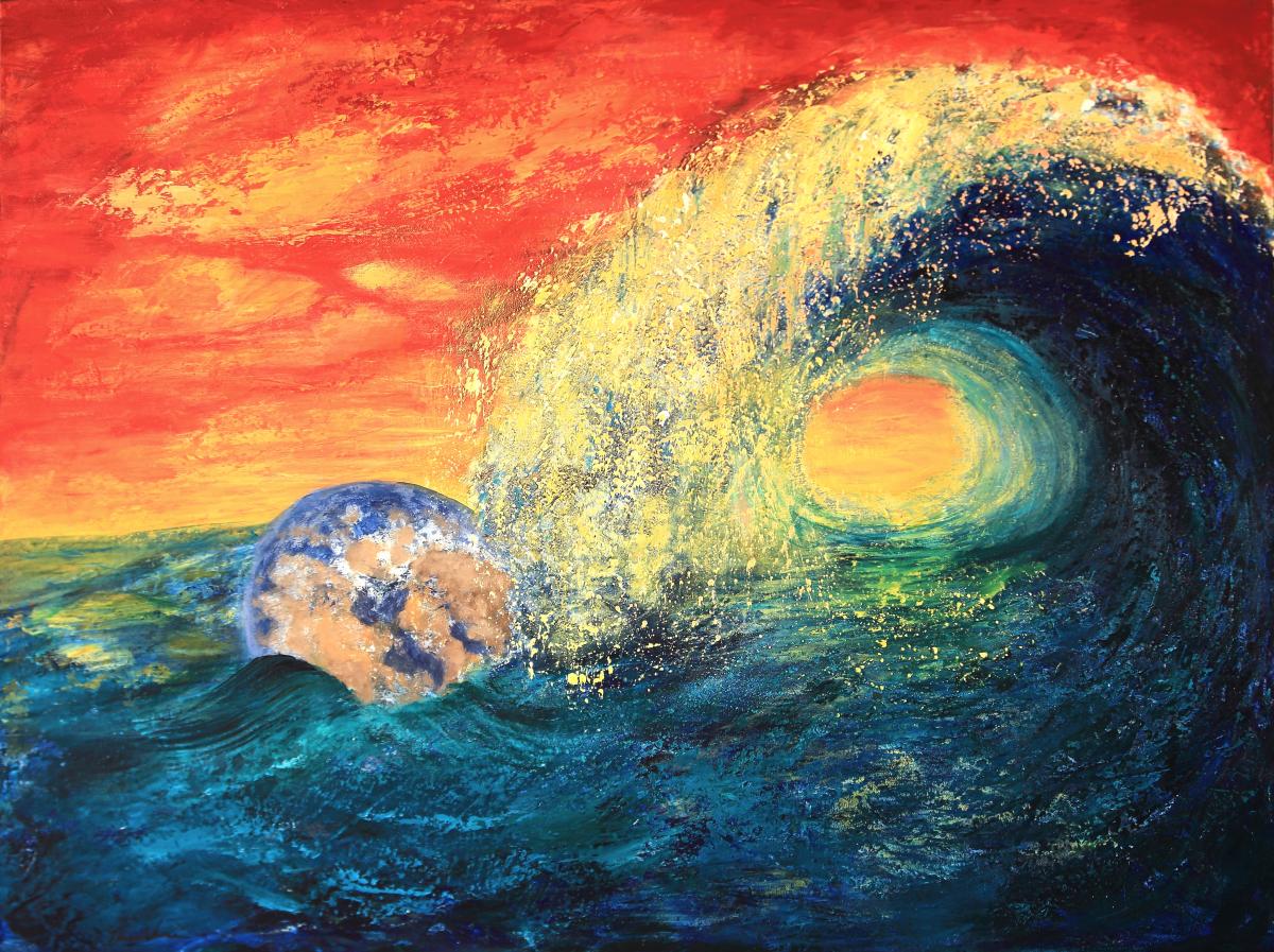 In this painting, the gigantic wave engulfs our planet (on the left). The fiery sky represents the wildfires destroying our wilderness.