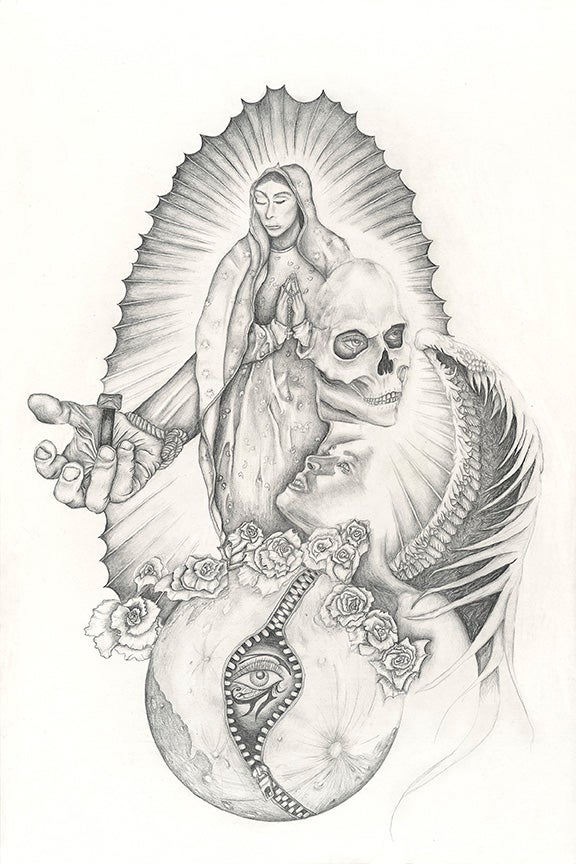 At its heart is the figure of St. Mary of Guadalupe, her hands folded in prayer, standing on roses atop a full moon unzipped to reveal the Eye of Horus. In the background, a hand pierced with a nail creates a poignant counterpoint. To the right, a woman's face levitates alongside a skull-shaped mask and an angel's wing, adding layers of mystery and symbolism. Edwards' work is a rich tapestry of religious and mythological motifs, inviting viewers into a world of introspection and wonder.