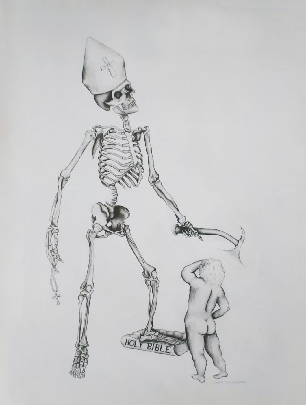 A skeletal figure, adorned only with a papal mitre, wields an axe in one hand and a rosary in the other, its foot resting on a bible. Before it stands a small, naked child, turned away from us, the fear or tears palpable even without seeing the face. Edwards' composition is stark and clean, the white background serving to amplify the intricate details of the figures. This piece is a poignant commentary on innocence lost, power misused, and faith betrayed.