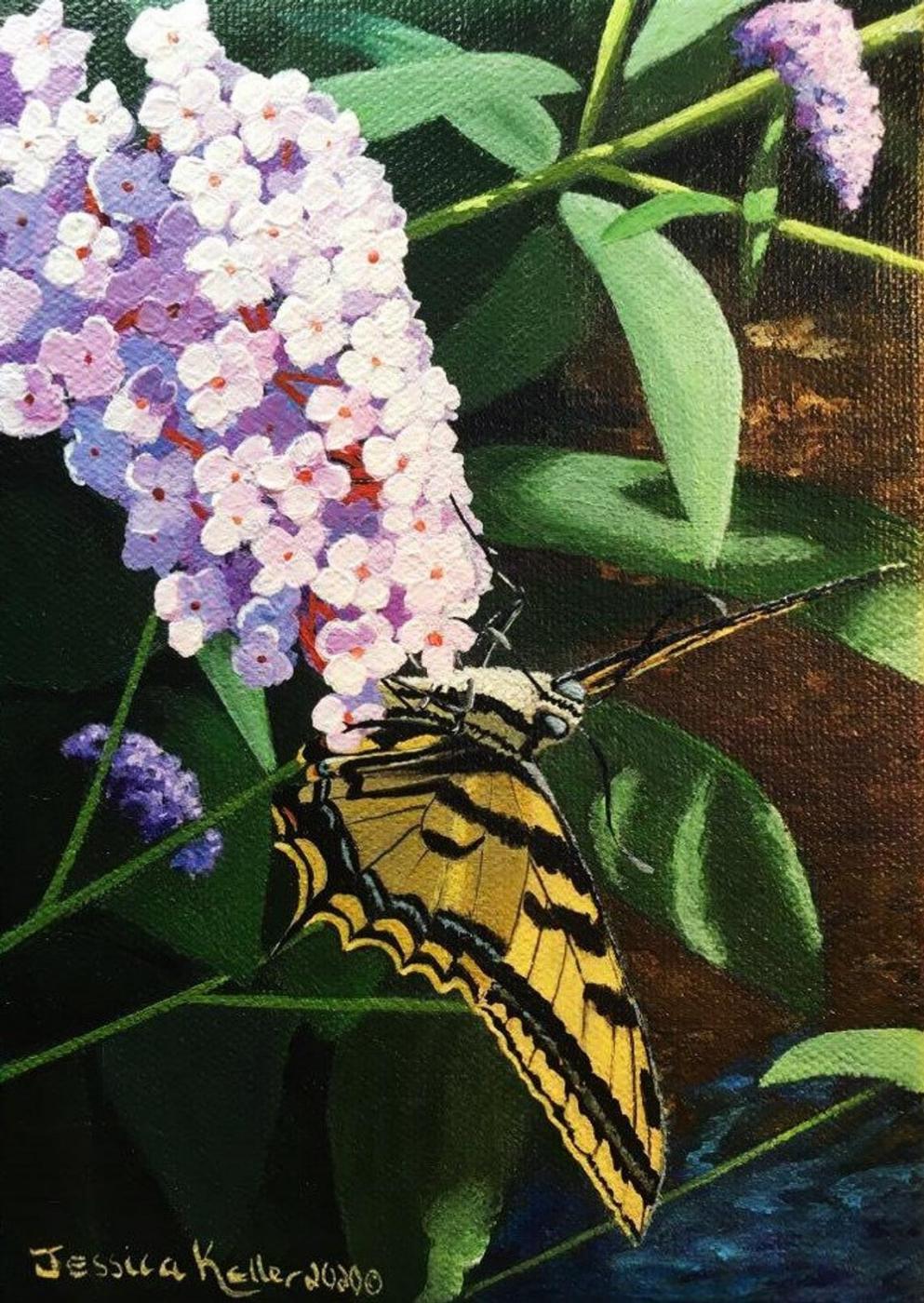 “Tiger Swallowtail Butterfly” small bee painting (Hanging On) – An 11”x14” acrylic painting of a honeybee hanging on to the leaf from and orange tree.