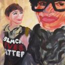 Acrylic painted on stretched canvas 40" x 30".  A young black woman with glasses and natural hair looks at the audience with a soft smile on her lips. Behind her stands a white figure wearing a "Black Lives Matter" t-shirt.