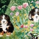 Painting of two dogs sitting in green bushes. 