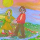 Man and woman in sunny field holding hands. 