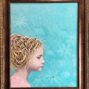 Original acrylic painting on a 16"x20" stretched canvas, framed and varnished with a gloss varnish for protection. I created this painting from a dream I had of a painting I created and had on exhibition. Painting is of a little girl from the shoulders up with curly blonde hair loosely pulled up on her head. Her profile is from the side showing the right side of her face. She is wearing a soft pink top. The background of the painting is filled with muted white daisies on an aqua background.