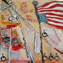 This is a brightly colored mixed media painting that is jam-packed with both images and words such as an American Flag and words "Take the Dis out of Disability".