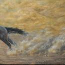 Painting of a reddish-brown horse with a black mane and black tail running toward the left of the painting. The horse is running on dirt as the dirt and dust kick up behind it. Coming from the right is a dust storm which has almost caught up with the horse. On the far left is a bit of blue sky showing.