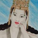 You see a lovely Korean woman's face staring back at you against a sky blue background. Her head tilts to the right as she rests her temple on her pointer finger. Her dark brown eyes gaze at you with a sense of curiosity and wisdom as a gentle smile curves slightly on her pink lips. She wears a golden crown in the style of antlers from the Silla dynasty. Green jade beads dangle from the crown upon her noble brow. A Silla style golden earring adorns her ear as it dangles down to her jaw.