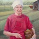 n the background on the left side of the painting, in front of the fence, a rust colored bull peaks out from behind a grayish barn and looks forward toward the front part of the painting, where one can see the torso of an older woman wearing a whitish bandana, red t-shrt and holding a rusty tin can full of feed grain and a small, whitish plastic bucket in her left hand. The image of her figure dominates the central part of the image. The woman has a bit of a bemused smile on her face.