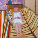 This painting is of a woman lying on a couch in her nightgown. It is painted very thick in a whimsical, abstract style. There are thick colored stripes to the left of the couch that lead up into purple wallpaper with yellow flowers above her head and across the rest of the work. Some of the birch wood is exposed on the right side of the painting. The woman’s hair is brown and yellow and extends horizontally from her head. The colors and furnishings of this painting have a 1970s motif. 