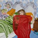 On the left of this thickly-painted work, we see a mother and grandmother relaxing on one side of a large bed with a gray, ornate headboard in a bedroom. The bed covering has different shades of green stripes. To the right of the bed, there is a little girl (age six or seven) dancing around in one of her mother’s red, sheer nightgowns. She is lifting up part of the nighty to expose her chest, where you can subtly see a scar that runs horizontally across her chest area through the sheer part of the fabric. 