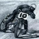 Painting of man on a motorcycle. 