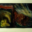 Abstract dark painting with a man's face sideways who depicts an angry expression. 
