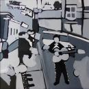 Painting of men with instruments in a black and white street. 