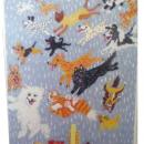 A depiction of "It's raining cats and dogs" on a piece of fabric.