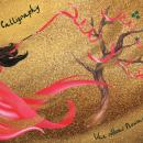 A woman in a pink dress is on the left side of the piece, and her dress is loosely connected to a tree, which has words written in Arabic in the branches.