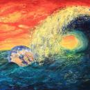 In this painting, the gigantic wave engulfs our planet (on the left). The fiery sky represents the wildfires destroying our wilderness.