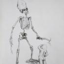 A skeletal figure, adorned only with a papal mitre, wields an axe in one hand and a rosary in the other, its foot resting on a bible. Before it stands a small, naked child, turned away from us, the fear or tears palpable even without seeing the face. Edwards' composition is stark and clean, the white background serving to amplify the intricate details of the figures. This piece is a poignant commentary on innocence lost, power misused, and faith betrayed.