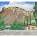 Drawing of a mountain with a small building and trees near the bottom.