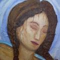 Painting of woman with braids looking down