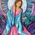 Woman with blue shawl looking down