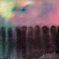 This is a loose watercolor painting, about 6”x9” on paper depicting impressions of human forms in a line moving into the distance and eventually upwards. The colors are pinks, blues, white and the human forms are painted in black.